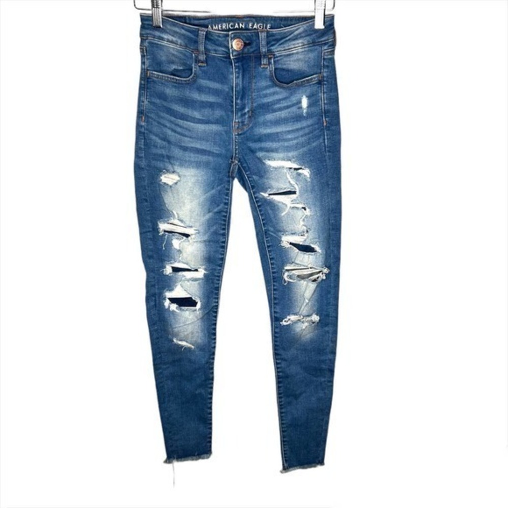American eagle super stretch hi-rise jegging distressed blue jeans women size 2